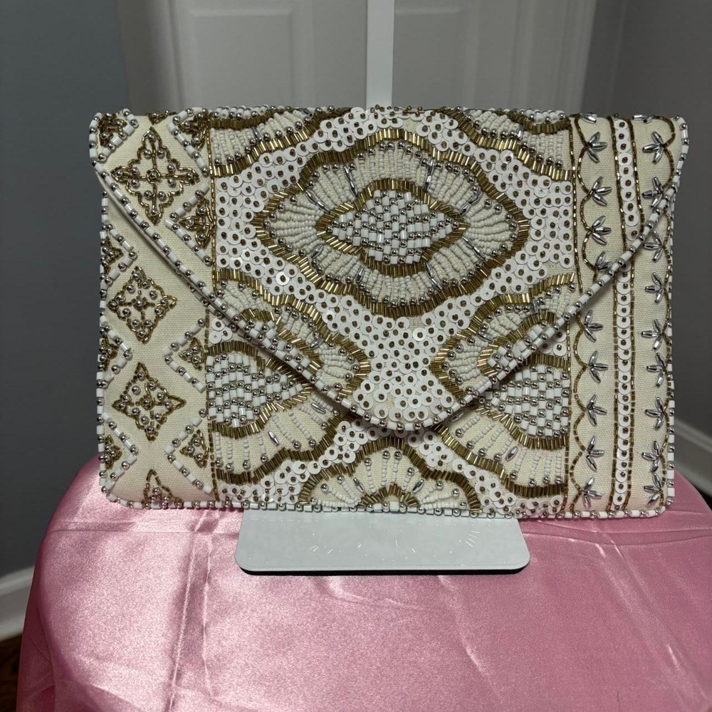 Lulu's White & Gold Beaded Shoulder Bag